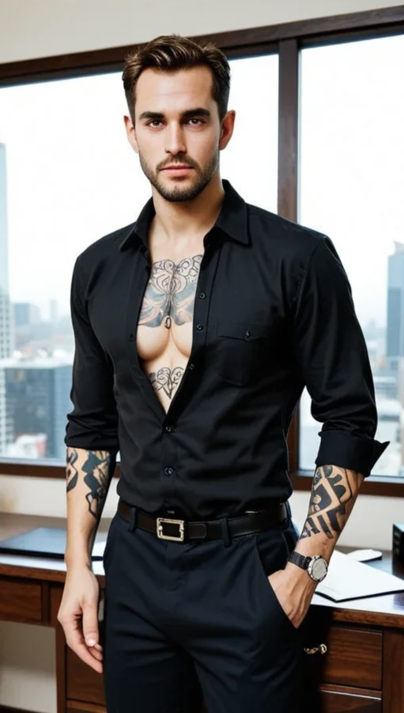 Tattooed executive gay AI character