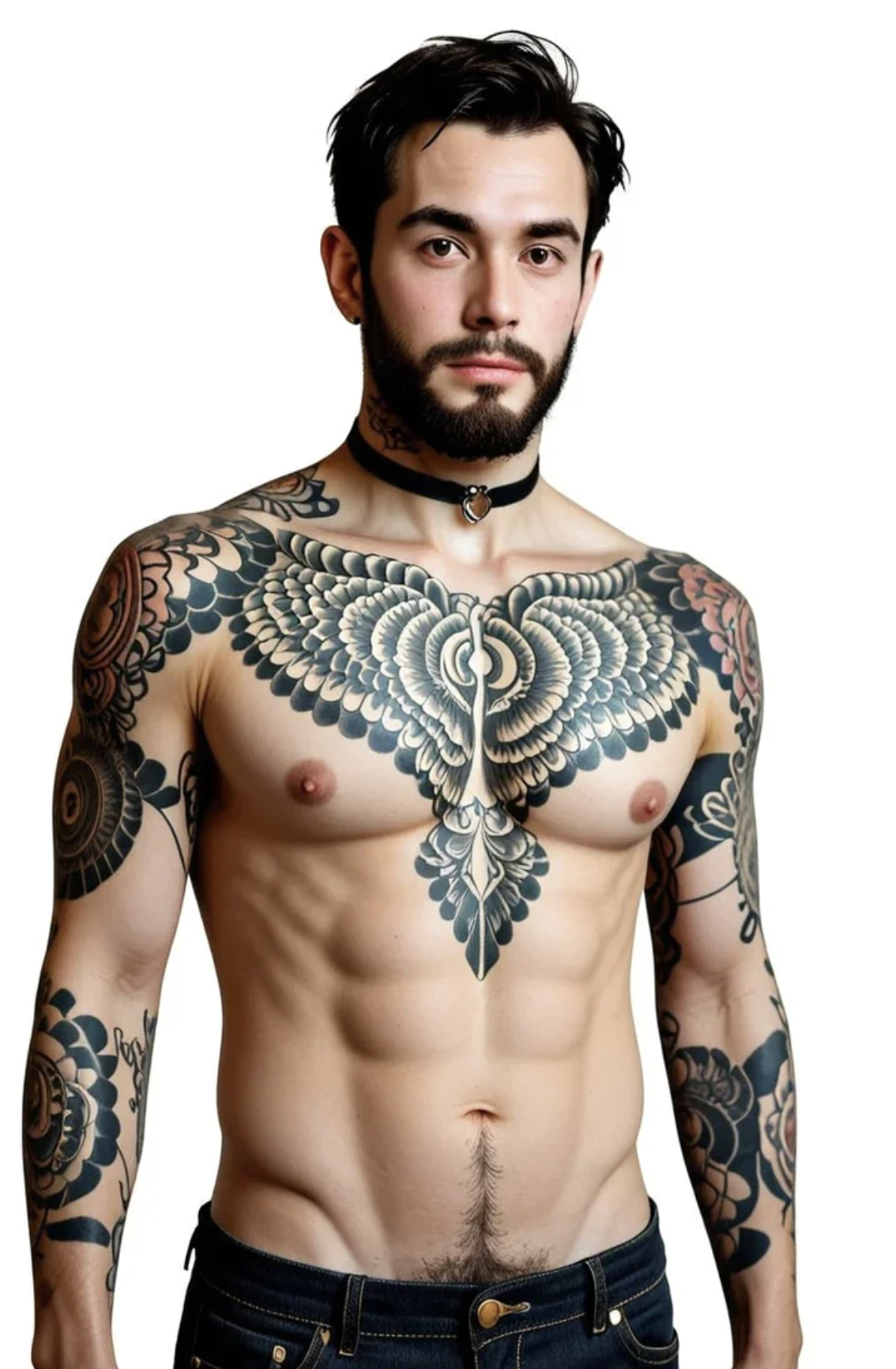 Heavily tattooed gay AI character