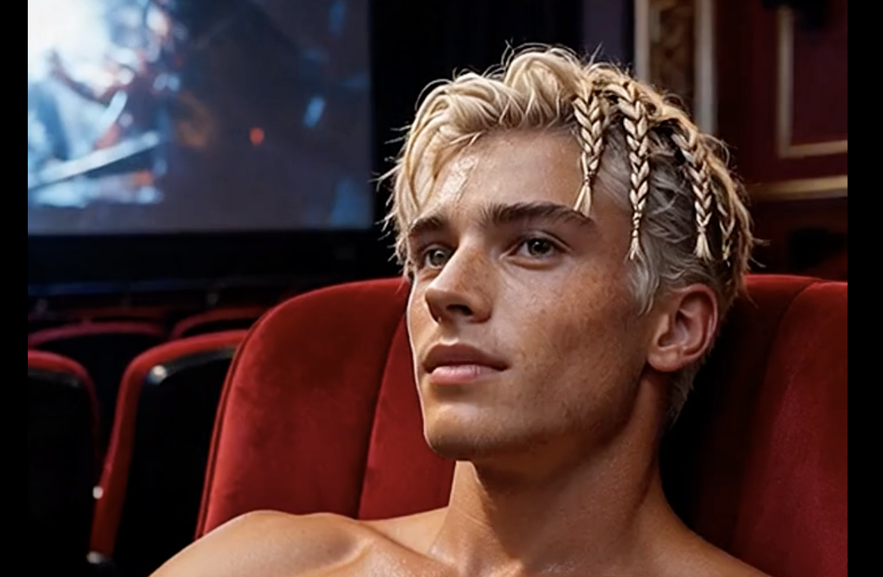 Blond male AI character relaxing in a cinema