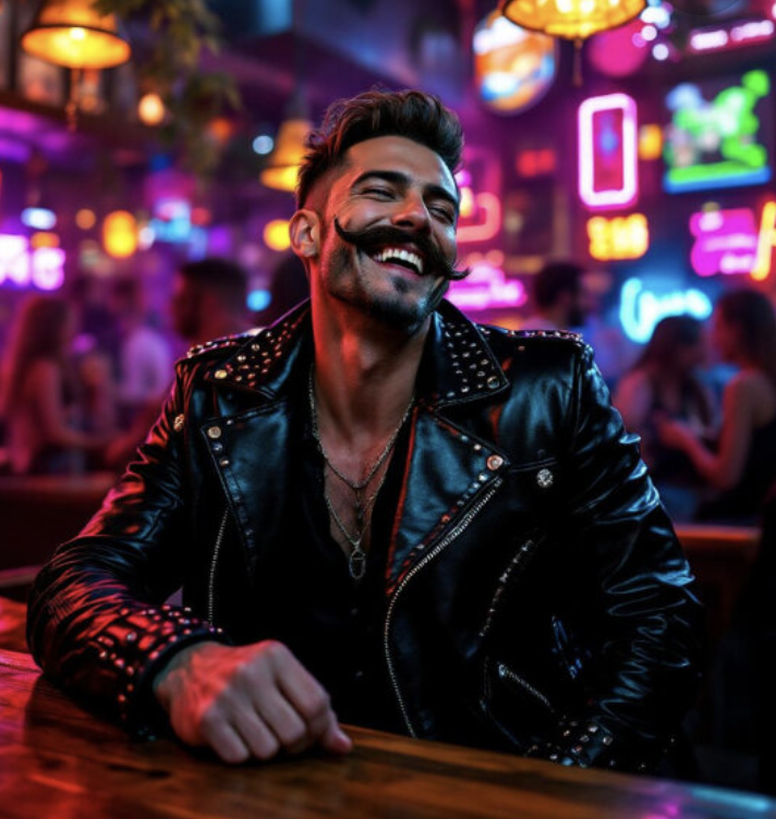 Confident adult male character in a neon nightlife setting